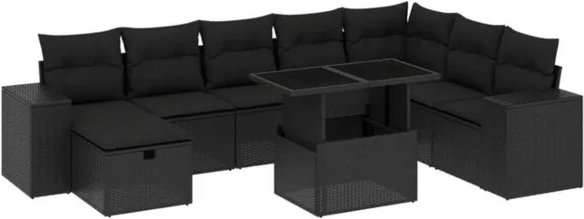 9-tlg. Garten-Sofagarnitur aus Poly-Rattan mit Kissen in Schwarz von vidaxl - Bild 1
