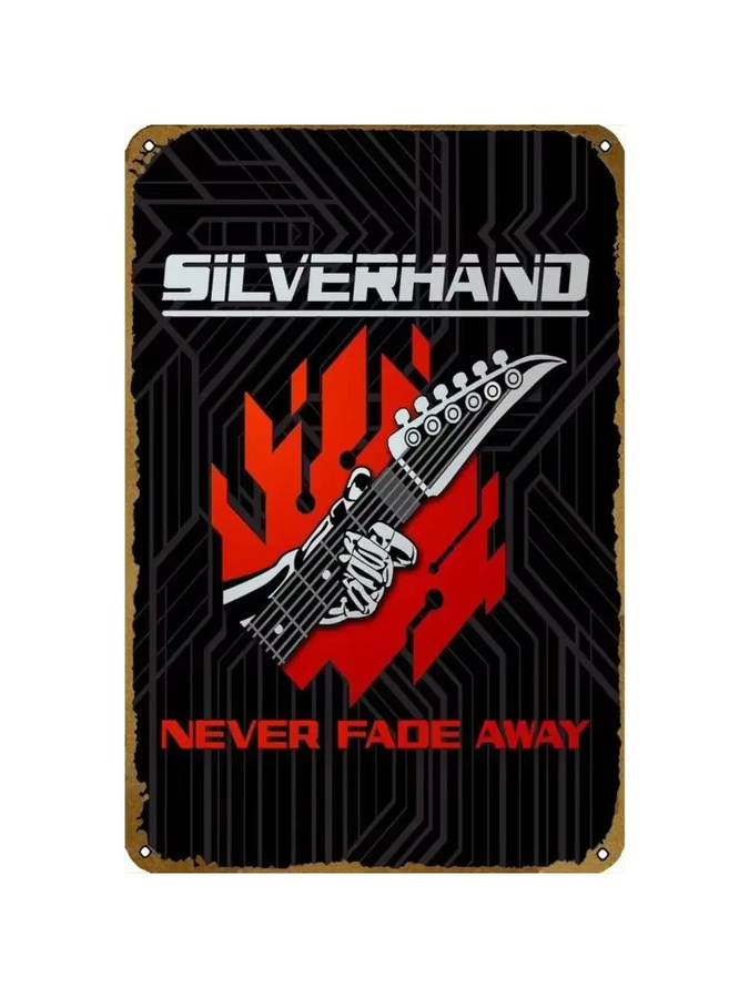 CYBERMETALARTZ Silverhand Never Fade Away Metallblechschild in Silber, Wanddekoration für Gamer, B: 30,0 cm, H: 20,0 cm - Bild 3