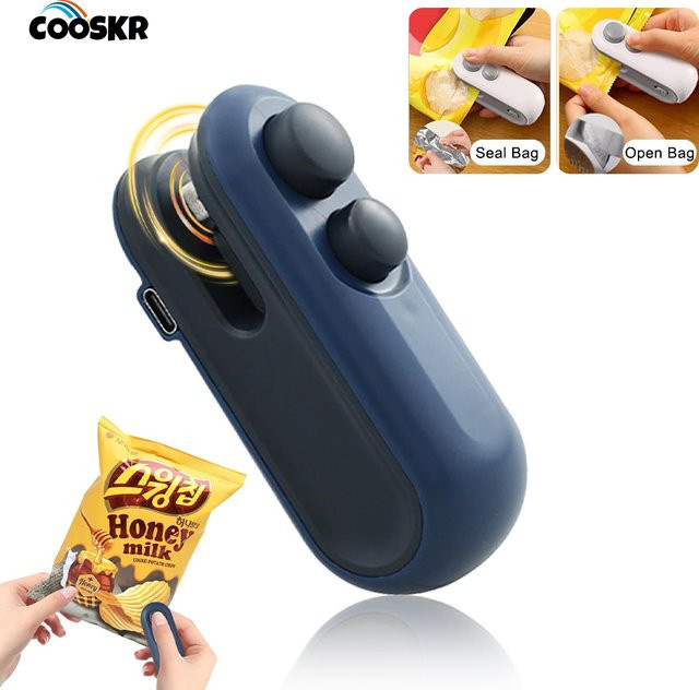 Cooskr Mini Heat Bag Sealer Wiederaufladbarer Versiegelungsautomat für Lebensmittelverpackungen in Blau und Weiß - Bild 1