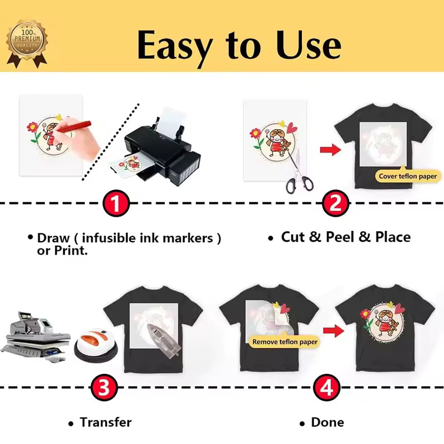 OBESTDA Wärmeübertragungspapier zum Aufbügeln für T-Shirts, 10 Blatt, A4, weiß, für helle und dunkle Stoffe, geeignet für Tintenstrahl- und Laserstrahldrucker - Bild 2