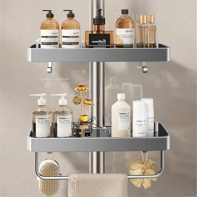 WudenCozfy Dusche Caddy Set mit Handtuchstange und Badregal für Shampoo und Seife, Grau/Silber, selbstklebend - Bild 1