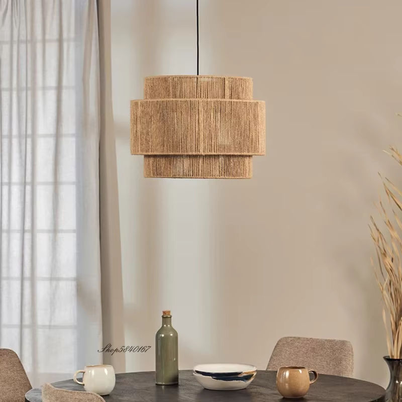 HomeLover Rattan-Pendelleuchte im japanischen Vintage-Stil aus Holz und Hanfseil, Farbe Braun/Schwarz, Zylinderform - Bild 2