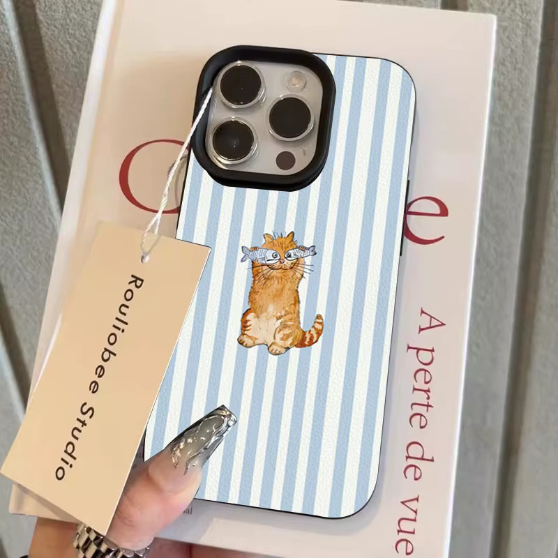 Handyhülle mit Kätzchen-Fisch-Design und Streifen für iPhone 11 bis iPhone 17 Pro Max, weiche TPU-Abdeckung, Farben: Grau und Blau - Bild 2