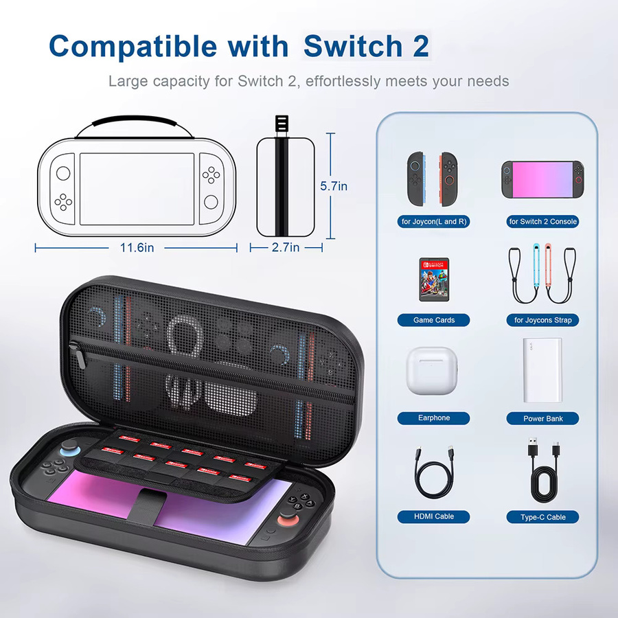 GMAXFUN Tragbare Hartschalen-Reisetasche für Nintendo Switch 2 und NS2 in Schwarz mit Glas-Displayschutz und Kappen - Bild 4