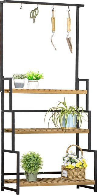 Outsunny Pflanzenregal aus Naturholz und Metall mit 3 Ebenen für Garten und Balkon, B/T/H: 80 x 36 x 174 cm, braun/schwarz - Bild 1