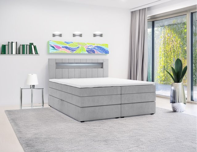 M-Punkt Boxspringbett KUBA KING mit Bettkasten und Visco Topper in Grau, Webstoff, B/T: 180 x 200 cm, Taschenfederkern - Bild 1