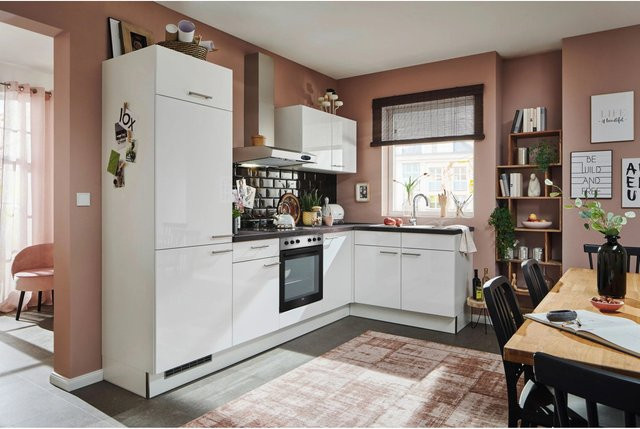 pino Eckküche Weiß Hochglanz mit Arbeitsplatte Pietra Grey, Breite: 440 cm - Bild 1