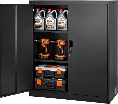 VEVOR Metallschrank Schwarz mit 3 Ebenen, Aufbewahrungsschrank aus Stahl mit verstellbaren Einlegeböden und abschließbaren Türen, Höhe: 106 cm, Breite: 90 cm, Tiefe: 45 cm - Bild 1