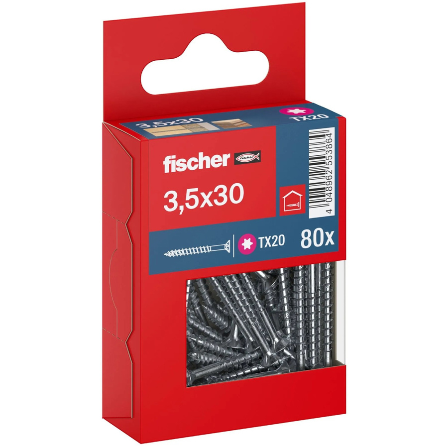 Fischer PowerFast II Senkkopf Schraube mit Torx-Antrieb und Vollgewinde aus verzinktem Stahl, Farbe: Silber/Blau, Durchmesser: 3,5 mm, Länge: 30 mm, 80 Stück - Bild 2