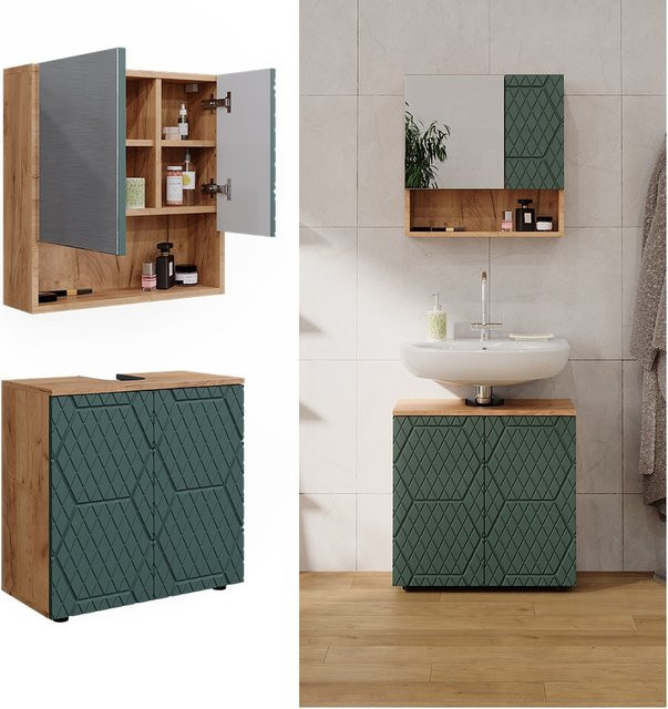Vicco Badmöbel-Set Irma Eiche Grün Gold 2-teilig mit Spiegelschrank und Waschbeckenschrank Breite: 60 cm - Bild 1