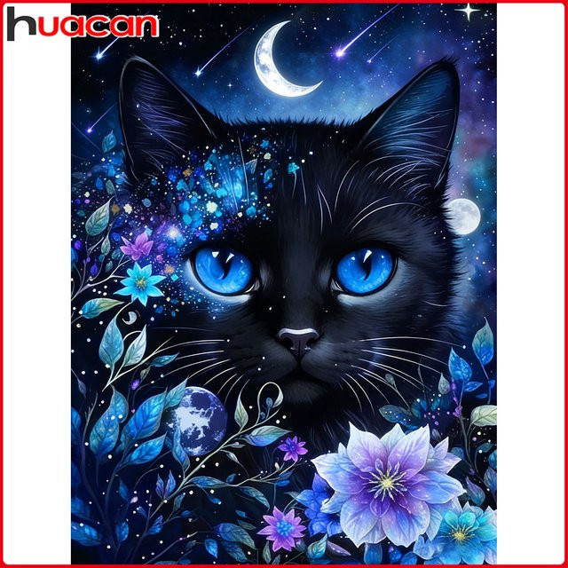 Huacan Diamantgemälde Katze und Mond als Rundes Mosaik-Set in Mehrfarbig mit Tierlandschaft-Motiv, Breite: 30 cm, Höhe: 20 cm, Tiefe: 20 cm - Bild 1