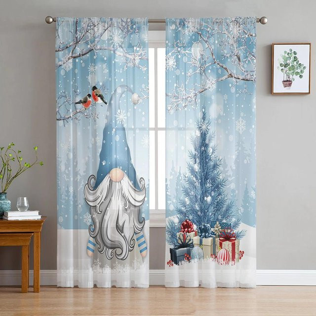 Yiran Furniture Transparent Voile Vorhang mit Weihnachtsbaum Wichtel und Schneeflocken Design, Farbe Rosa, Breite: 135 cm, Höhe: 115 cm - Bild 1