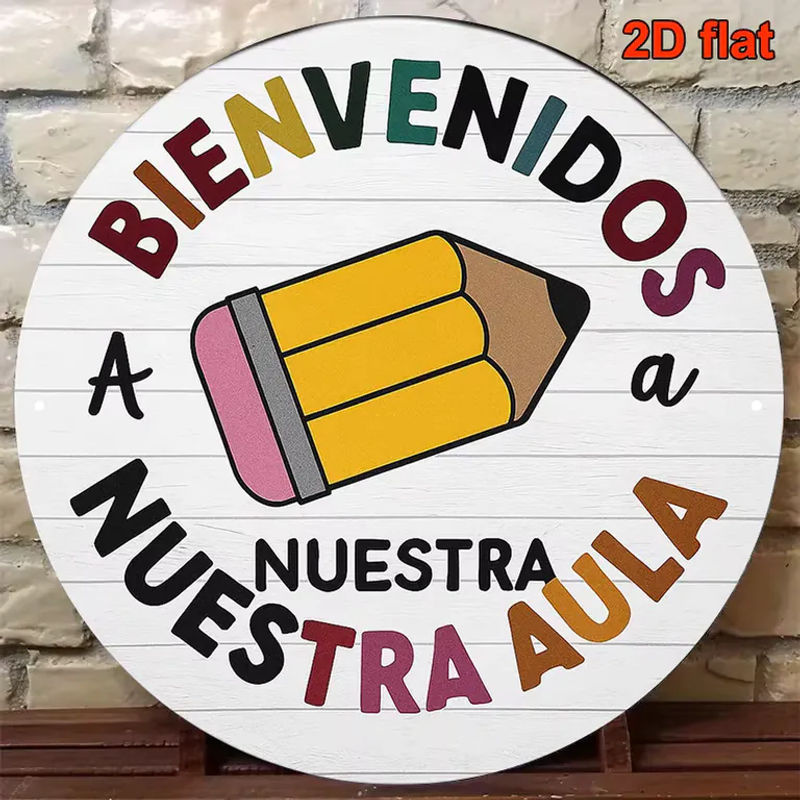 Rundes Vintage-Willkommensschild aus Metall in Weiß mit spanischem Slogan Bienvenidos a Nuestra Aula, Durchmesser: 20,32 cm - Bild 4