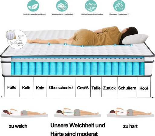 Rosahqnda Hybrid-Taschenfederkernmatratze mit Memory-Schaum in Weiß, B/T/H: 140 x 90 x 25 cm
