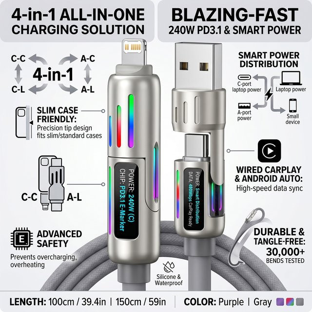 BESY 4-in-1 Silikon Datenkabel mit 240W Superschnellladefunktion USB Typ C PD in Lila - Bild 1