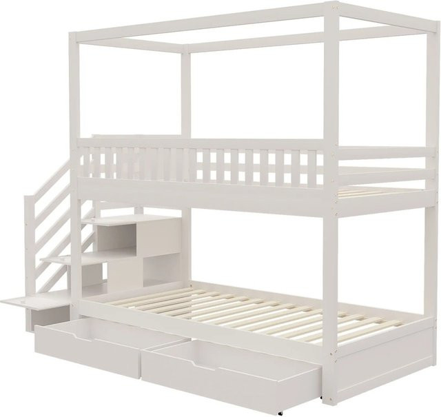 KOMHTOM Etagenbett für Kinder in Hausform mit Staufach und Sicherheitsleiter, Weiß, B/T/H: 200 x 90 x 180 cm - Bild 1