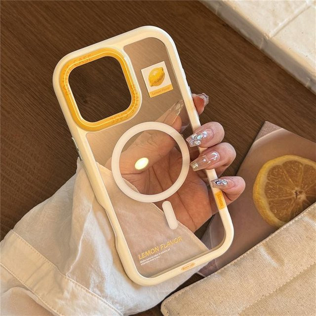 Yiran bag Magnetische iPhone Hülle mit Zitrone Design und Ständer, Stoßfest, Transparent Gelb, kompatibel mit iPhone 16 Pro Max 15 14 13 12 Pro Max und MagSafe - Bild 1