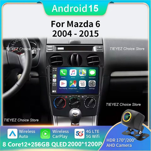 TIEYEZ Android 15 Multimedia Auto Player für Mazda 6 mit Navigation GPS Radio Carplay und Rückfahrkamera, Schwarz - Bild 1