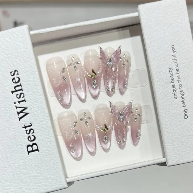 Qsezeny Kunstnägel, 10 Stück, rosa, 3D-Schmetterling, Mandelform, glänzend - Bild 1