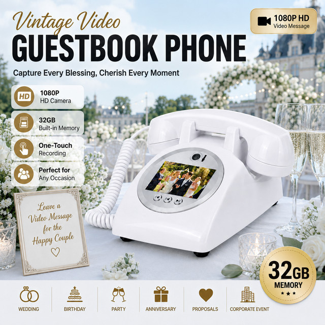 FEIYAQI Video-Gästebuchtelefon in Weiß mit 1080P Kamera und 32GB Speicher als Retro-Erinnerungsstück für Hochzeit und besondere Anlässe - Bild 1