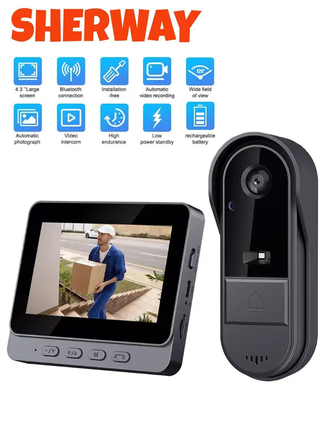 Sherway Drahtlose Wifi Türklingel Kamera mit 1080P Video Intercom, Wasserdicht, 4,3 Zoll IPS Bildschirm und IR Nachtsicht, Schwarz - Bild 7