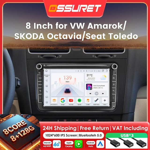 OSSURET 8 Zoll Multimedia Radio mit Carplay und Android Auto für VW Golf 5, Polo, Passat B6, CC, Touran, Scirocco, Caddy, Jetta sowie Skoda und Seat in Schwarz - Bild 1