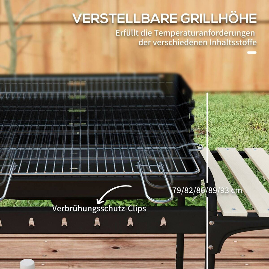 Outsunny Holzkohlegrill BBQ Smoker aus Metall mit Rädern, höhenverstellbarem Grillrost und Holzablage, B/T/H: 103 x 47 x 95 cm - Bild 4