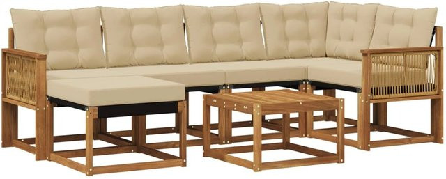 vidaXL Outdoor-Sofagarnitur L-Form aus massivem Akazienholz mit 7 Kissen in Natur und Beige - Bild 1