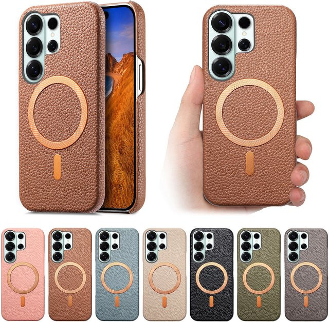 Original Premium Lychee Magnetisches Lederetui für Samsung S26 Ultra S25 Plus S24 in Grau mit MagSafe und Sturzschutz - Bild 1