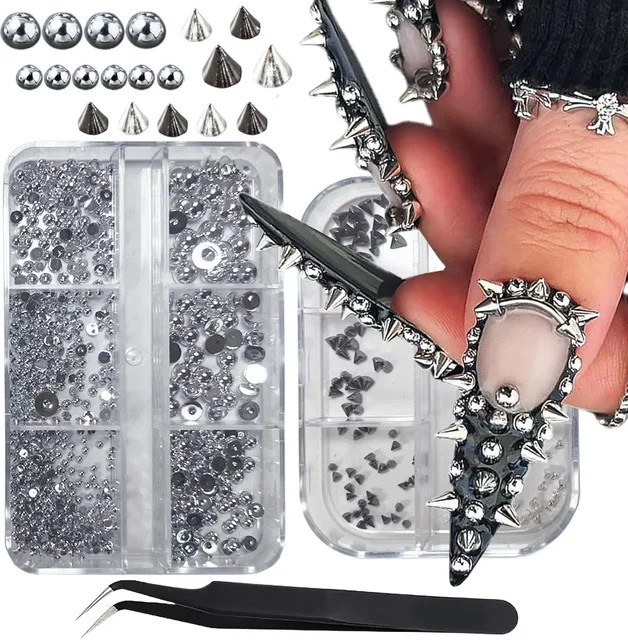 Art lalic Nagelschmuck Set, 3D Pyramide Ohrstecker, Schwarz Silbrig, Metall - Bild 1
