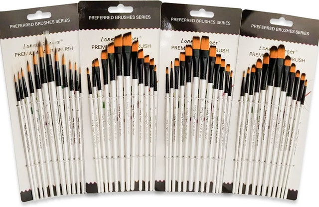 Professionelles Acryl-Pinsel-Set mit synthetischen Borsten, 12/48-teilig, verschiedene Formen wie Flach, Rund und Winkel, Farben: Braun, Grün und Mehrfarbig - Bild 1