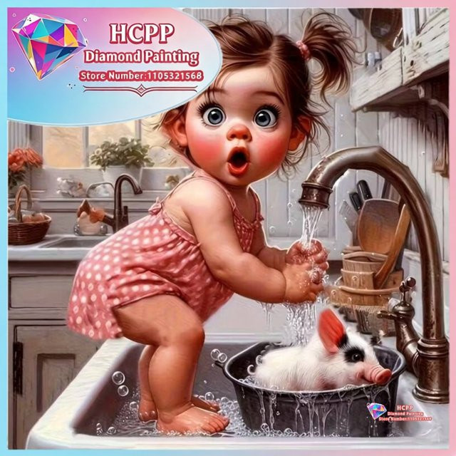 Diamant-Malset Verspieltes Baby spielt im Wasser, Mosaik, Bunt / Mehrfarbig - Bild 1