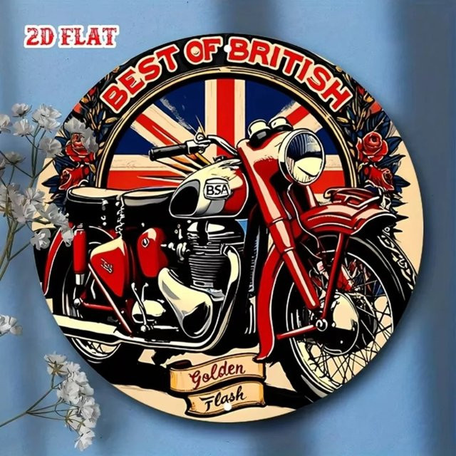 Vintage BSA Metallschild von CIFBUY mit Golden Flash und Union Jack Design in Gold und Multicolour, runde Wanddekoration, Durchmesser: 20 cm - Bild 1