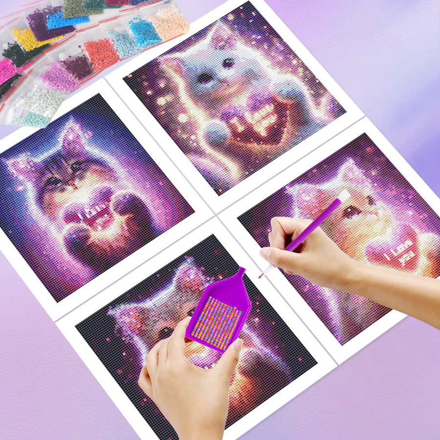HUACAN 4er Set Diamantmosaik DIY Katze Tier Wandbilder mit Vollrunden Bohrern in Mehrfarbig - Bild 2
