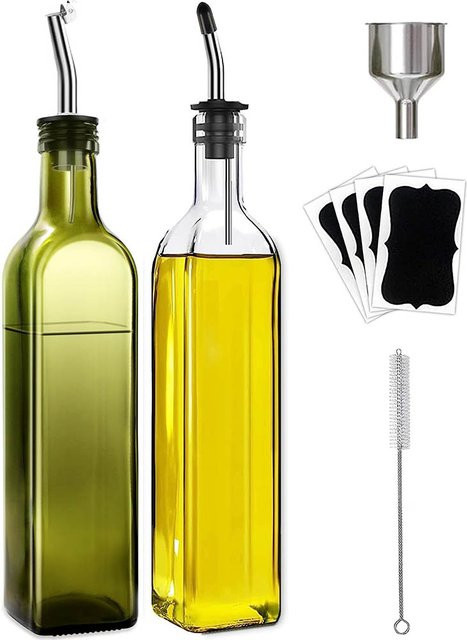 EliteHMX Olivenöl-Spenderflasche und Essigspender-Set aus Glas in Transparent und Grün mit Ausgießern, Trichter und Bürste - Bild 1