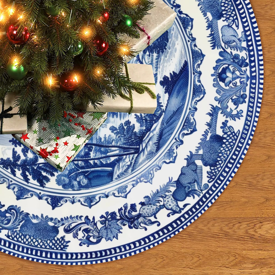 VIKAMA Weihnachtsbaumrock in Blau mit orientalischem Porzellan-Design und floralem Muster, runde Heimdekoration für festliche Partys - Bild 3