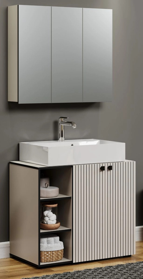 Badmöbel Set Feliz von TOP.FURN in Grau, bestehend aus Waschtischunterschrank und Spiegelschrank, modern und matt - Bild 1