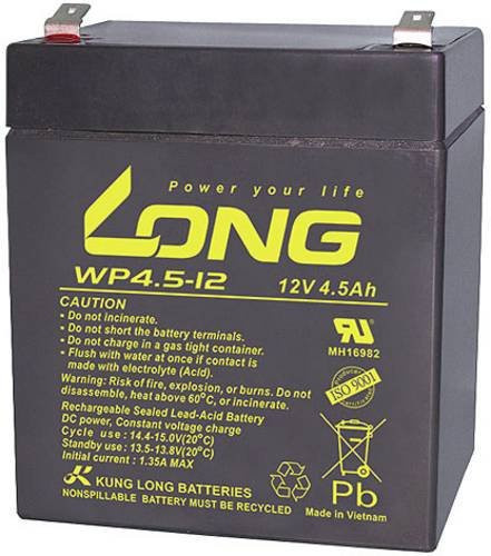 Long WP4.5-12 Blei-Vlies (AGM) Akku 12V 4.5Ah Schwarz mit 4.8mm Flachstecker, B/H/T: 90 x 107 x 70 mm - Bild 1