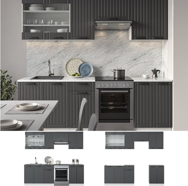 Vicco Fame-Line Küchenzeile im Landhausstil, Breite: 240 cm, Anthrazit/Weiß - Bild 1