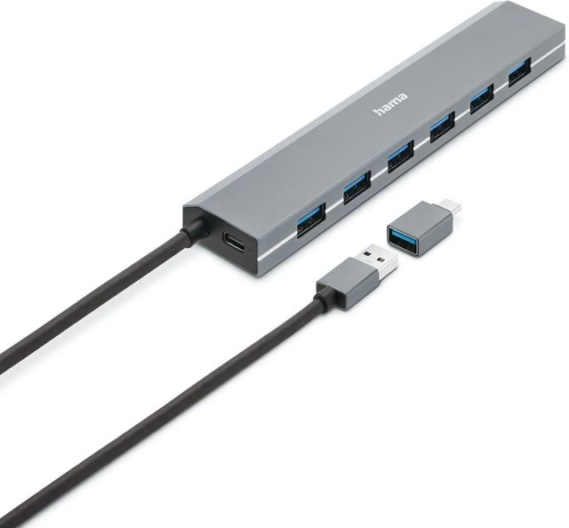 Hama USB-Hub Essential Line 7 Ports USB 3.2 Gen1 mit USB-C-Adapter und Netzteil, Grau/Anthrazit, B: 15,6 cm, H: 1,2 cm, T: 3,2 cm - Bild 1