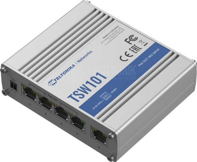 Teltonika TSW101 IP30 Industrie Unmanaged Switch mit 5-Port 1Gbit PoE+ in Silber - Bild 1