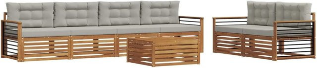 vidaXL Outdoor-Sofagarnitur 7-teilig aus Akazienholz mit Kissen in Natur und Hellgrau - Bild 1