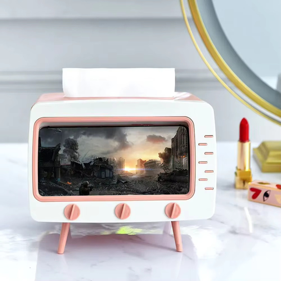 APWIKOGER Kawaii TV Tissue Box mit Smartphone-Halterung, multifunktionaler Taschentuchspender aus Kunststoff, Weiß - Bild 3