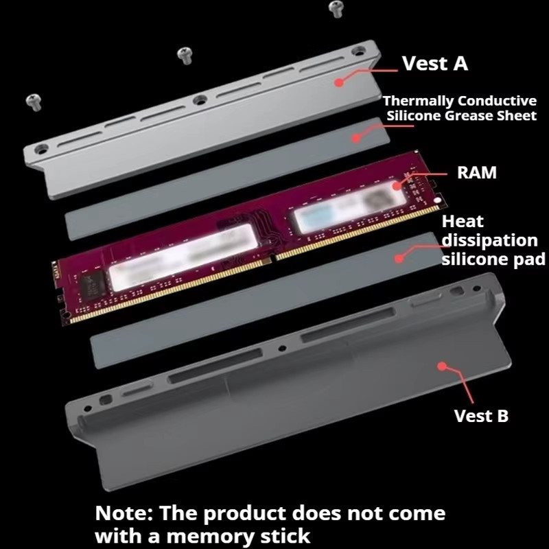 TEUCER Passiver RAM-Kühlkörper aus Aluminium für DDR2, DDR3, DDR4 und DDR5 Desktop-Speicher in Schwarz - Bild 3