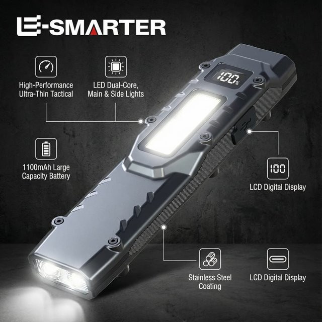 ESMARTER EDC Taktische LED Taschenlampe in Schwarz mit Digitalanzeige, zwei Schaltern und wiederaufladbarem Akku für Camping und Notfallgebrauch - Bild 1