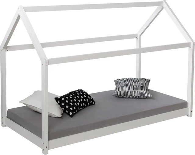 Homestyle4u Hausbett aus Kiefernholz mit Matratze und Lattenrost in Weiß, B/T/H: 90 x 200 cm - Bild 1