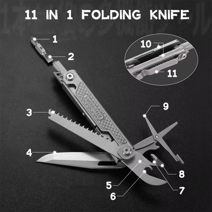 SWISS TECH 11-in-1 Mini-Multitool EDC Camping Survival Taschenmesser in Silber - Bild 3