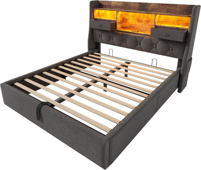 AB STORE Polsterbett Grau mit hydraulischem Stauraum, LED-Kopfteil, USB-Ladeanschlüssen und Bettablage, B/T/H: 208 x 152,5 x 116 cm - Bild 1
