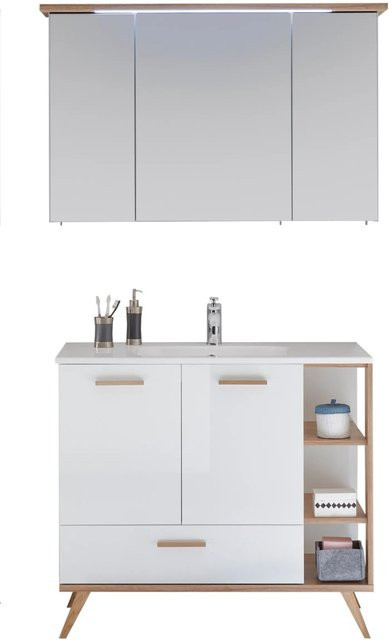 Pelipal Badmöbel-Set Quickset 923 in Weiß Glänzend und Eiche quer Nachbildung mit Spiegelschrank, Mineralmarmor-Waschtisch und Waschtischunterschrank, Breite: 115 cm - Bild 1