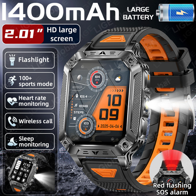 LIGE Militär-Smartwatch in Schwarz mit 1400mAh Akku, IP68 wasserdicht und taktischer Sport-Taschenlampe für Herren - Bild 1